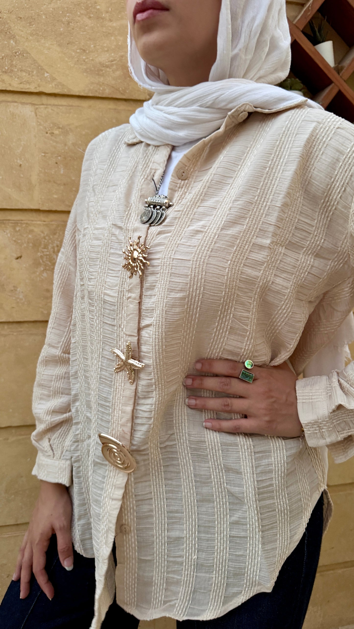 Beige Textured Blouse (With Accessories)