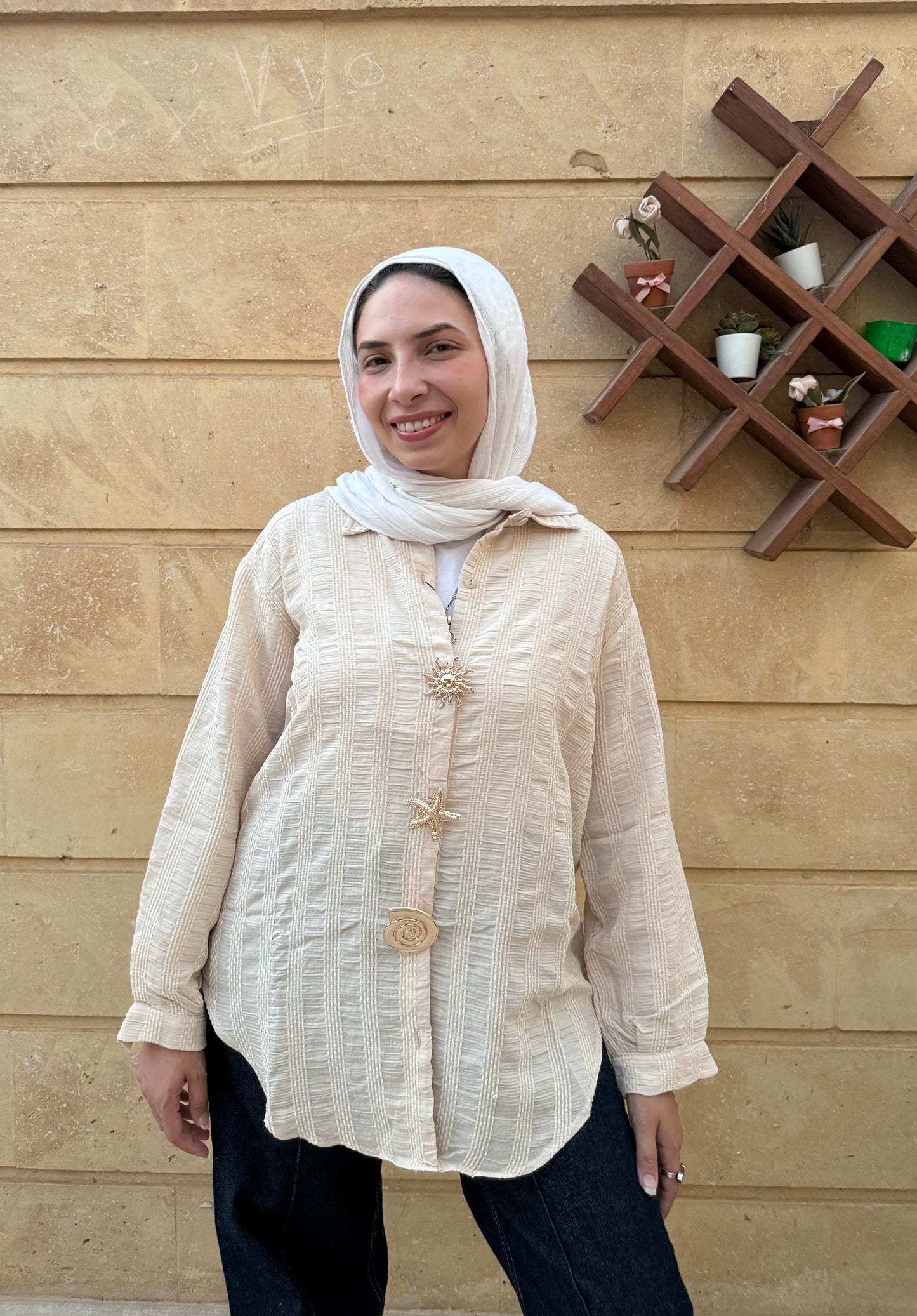 Beige Textured Blouse (With Accessories)
